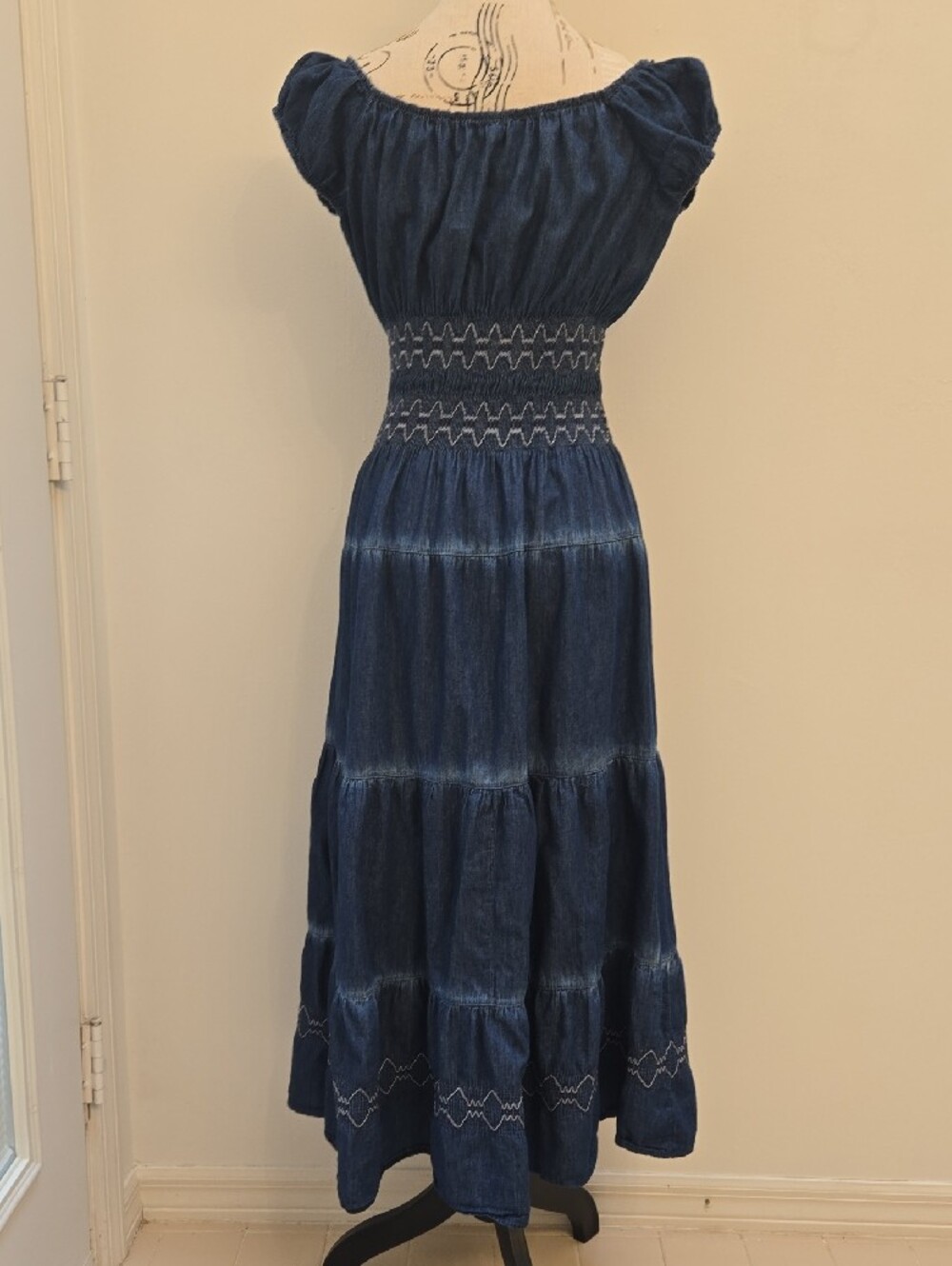 Smocked Denim Maxi Dress - Blue - Picture 2 of 7